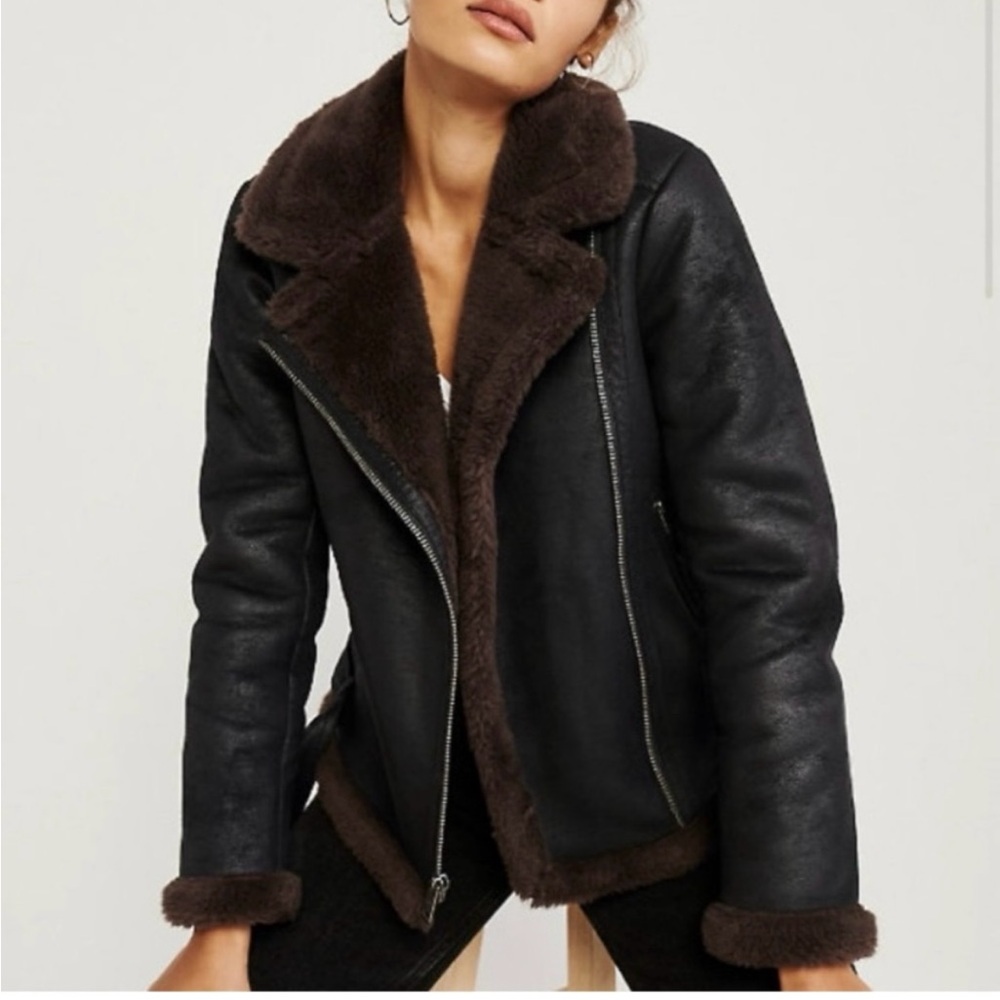 Abercrombie & Fitch Black and Brown Faux Leather and Fur Moto Jacket